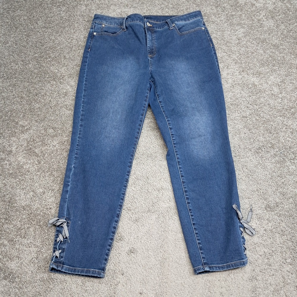 Talbots Flawless Slim Ankle Jeans Womens 14 Medium Wash Gingham Lace Up Hem 7751